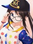  ;) adjusting_eyewear bangs baseball_cap black_hair blue_eyes breasts collarbone commentary_request eyebrows_visible_through_hair glasses hat idolmaster idolmaster_shiny_colors long_hair looking_at_viewer medium_breasts mitsumine_yuika one_eye_closed shirt smile solo twintails upper_body yuki_usagi_(mofurafu) 