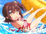  asterisk_(artist) bare_shoulders bikini bikini_top_removed blue_sky blush breasts brown_hair cloud day embarrassed eyebrows_visible_through_hair hair_between_eyes hair_ornament hair_scrunchie hairclip idolmaster idolmaster_million_live! innertube kasuga_mirai looking_at_viewer medium_breasts multicolored_scrunchie ocean one_side_up open_mouth pigeon-toed red_bikini red_bikini_bottom scrunchie short_hair side-tie_bikini side_ponytail sky solo star star_hair_ornament striped_bikini_top swimsuit tube wardrobe_malfunction wavy_mouth yellow_eyes yellow_innertube 