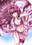  bikini bracelet breasts cleavage collarbone fate/grand_order fate_(series) flower graphite_(medium) hair_flower hair_intakes hair_ornament hibiscus highres jewelry kaikai kunai large_breasts leg_garter long_hair looking_at_viewer mixed_media navel pink_bikini purple_bikini purple_hair purple_sarong red_eyes sarong scathach_(fate)_(all) scathach_(swimsuit_assassin)_(fate) smile solo swimsuit traditional_media weapon 