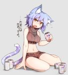  alcohol animal_ears bangs bare_arms bare_legs bare_shoulders beer blush breasts brown_shorts can cat_ears cat_tail drunk ear_down eyebrows_visible_through_hair fang grey_background head_tilt headphones holding looking_at_viewer medium_breasts midriff navel open_mouth orange_eyes original ryota_tentei scar short_hair short_shorts shorts simple_background sitting solo tail tora_tentei translation_request yokozuwari 