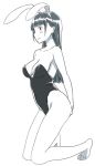  animal_ears bare_legs bare_shoulders barefoot black_eyes black_leotard blush_stickers breasts bunny_ears bunnysuit commentary_request copyright_request covered_navel fake_animal_ears from_side grey_hair greyscale hairband hands_on_ass kneeling large_breasts leotard monochrome pink_x simple_background solo spot_color white_background 