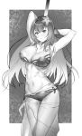  ahobaka armpits arms_behind_back bikini bracelet breasts cleavage collarbone commentary_request expressionless fate/grand_order fate_(series) flower gae_bolg greyscale hair_flower hair_intakes hair_ornament hibiscus highres holding holding_weapon jewelry large_breasts leg_garter long_hair looking_at_viewer monochrome navel sarong scathach_(fate)_(all) scathach_(swimsuit_assassin)_(fate) solo swimsuit weapon 
