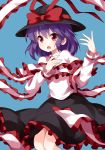  :o black_hat black_skirt blue_background bow capelet commentary_request feet_out_of_frame frilled_capelet frilled_shawl frills hands_up hat hat_bow hat_ribbon highres long_sleeves looking_at_viewer nagae_iku open_mouth purple_hair red_bow red_eyes red_ribbon ribbon ruu_(tksymkw) shawl simple_background skirt solo touhou v-shaped_eyebrows white_capelet wing_collar 