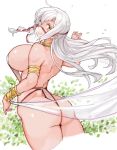  armlet ass blush bracelet breasts jewelry large_breasts long_hair looking_at_viewer looking_back necklace sachito shawl sideboob smile solo white_hair yellow_eyes 