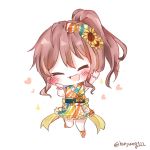  arm_up back_bow bang_dream! bangs bow bracelet brown_hair chibi closed_eyes commission dress flower full_body hair_bow hair_flower hair_ornament hand_on_own_cheek heart highres honyang imai_lisa jewelry multicolored multicolored_clothes multicolored_dress open_mouth ponytail sash simple_background smile solo standing standing_on_one_leg striped striped_bow twitter_username white_background yellow_bow 