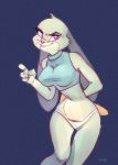  4_fingers anthro big_breasts blue_background breasts buckteeth clothed clothing disney female hand_behind_back judy_hopps koron-dash lagomorph looking_at_viewer mammal midriff nipple_bulge panties pointing portrait purple_eyes rabbit shirt signature simple_background smile solo teeth three-quarter_portrait tight_clothing underwear zootopia 