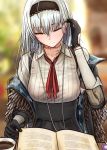  bangs black_gloves black_hairband black_jacket black_skirt book camouflage_print closed_eyes closed_mouth coffee coffee_mug collared_shirt commentary cup earphones eyebrows_visible_through_hair feather-trimmed_jacket feathers girls_frontline gloves hairband head_tilt high-waist_skirt jacket long_hair long_sleeves looking_down md5_mismatch media_player mug neck_ribbon neck_scar open_book red_ribbon ribbed_shirt ribbon scar shirt sidelocks sitting skirt solo table testame thunder_(girls_frontline) very_long_hair 