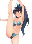  :d antenna_hair armpits bikini black_hair closed_eyes earrings fang ganaha_hibiki green_bikini high_ponytail highres hoop_earrings idolmaster idolmaster_(classic) jewelry kaiga kneepits navel open_mouth ponytail simple_background smile solo split standing standing_on_one_leg standing_split swimsuit white_background 