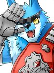  artist belt blue_fur canine digimon eyewear fur looking_at_viewer machgaogamon machine male mammal mecha metal nintendo one_eye_closed pistachii red_gem simple_background sunglasses teeth video_games white_background wolf yellow_eyes 