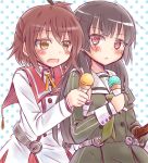  bangs black_hair blush brown_hair etou_kanami food heijou_institute_school_uniform holding holding_food ice_cream ice_cream_cone juujou_hiyori locked_arms long_hair long_sleeves looking_at_another masarou minoseki_gakuin_uniform multiple_girls open_mouth polka_dot polka_dot_background red_eyes short_hair sketch sword toji_no_miko upper_body weapon yellow_eyes yuri 