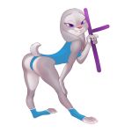  2018 anthro baton bedroom_eyes biting_lip buckteeth butt clothed clothing disney female furgonomics half-closed_eyes hand_on_knee holding_object holding_weapon judy_hopps koron-dash lagomorph leaning leaning_forward legwear leotard looking_at_viewer mammal presenting presenting_hindquarters purple_eyes rabbit seductive side_view simple_background socks solo tail_clothing teeth toeless_socks weapon white_background zootopia 