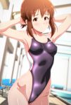  armpits arms_up blurry breasts brown_eyes brown_hair cameltoe closed_mouth competition_swimsuit depth_of_field dutch_angle hagiwara_yukiho highleg highleg_swimsuit highres idolmaster idolmaster_(classic) idolmaster_1 looking_at_viewer medium_breasts one-piece_swimsuit pool short_hair solo swimsuit tengu_(tetuo_kun) tying_hair wet wet_clothes wet_swimsuit 