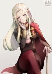  atoatto axe blonde_hair blue_eyes cape cravat crossed_legs edelgard_von_hresvelgr_(fire_emblem) fire_emblem fire_emblem:_fuukasetsugetsu gloves hair_ornament long_hair looking_at_viewer pantyhose simple_background solo uniform weapon white_background 