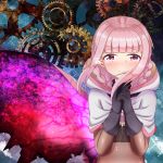  3: bangs black_gloves blush bodystocking braid cape commentary_request gears gloves hands_clasped highres hooded_cape jewelry long_hair looking_at_viewer magia_record:_mahou_shoujo_madoka_magica_gaiden mahou_shoujo_madoka_magica own_hands_together parubaado pendant pink_eyes pink_hair solo tamaki_iroha tears upper_body 