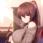  alternate_costume blush breasts brown_hair brown_sweater closed_mouth collarbone desk flower from_side hair_flower hair_intakes hair_ornament hands_together highres indoors kantai_collection large_breasts light_rays long_hair long_sleeves looking_at_viewer off_shoulder osterei ponytail purple_eyes red_scrunchie ribbed_sweater scrunchie sidelocks sitting smile solo sweater upper_body very_long_hair white_scrunchie yamato_(kantai_collection) 