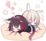  animal_ears aoba_moka bang_dream! black_hair black_shirt blush bunny_ears cat_ears cat_tail chibi closed_eyes cushion grey_hair kemonomimi_mode long_sleeves lying mitake_ran mizukikushou multicolored_hair multiple_girls on_stomach red_hair shirt short_hair sleeping streaked_hair tail 