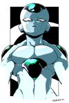  black_background commentary dragon_ball dragon_ball_z expressionless frieza from_below kokusoji looking_at_viewer male_focus red_eyes serious shaded_face simple_background solo standing tail twitter_username two-tone_background upper_body white_background 