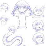  &gt;_&lt; blue closed_mouth crying flat_chest idon lamia looking_at_viewer monochrome monster_girl multiple_views nude original shedding simple_background smile tareme tears wavy_mouth white_background 