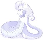  blue drinking flat_chest glass holding idon lamia minigirl monochrome monster_girl nude original parted_lips pointy_ears scales short_hair simple_background smile solo tareme white_background 