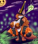  2017 absurd_res anthro areola armwear ber00 big_breasts black_nose blurred_background breasts brown_hair canine clothed clothing crouching elbow_gloves eyebrows eyelashes female fox gloves hair halloween hand_on_cheek hat hi_res holidays loincloth long_hair looking_at_viewer magic magic_circle magic_user mammal navel night nipples open_mouth signature solo thick_thighs witch witch_hat 