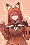  :d animal_hood belt black_gloves blush cloak commentary earrings english_commentary fingerless_gloves fingernails gloves hands_up highres homura_(xenoblade_2) hood hooded_cloak jewelry long_hair long_sleeves looking_at_viewer nail_polish open_mouth pink_background red_eyes red_hair redpoke short_hair sleeves_past_wrists smile solo upper_body white_nails xenoblade_(series) xenoblade_2 