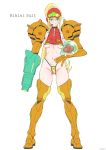  alternate_costume armor bikini blonde_hair blush breasts cameltoe commentary_request full_body highres metroid navel ponytail pubic_hair samus_aran simple_background smile solo standing string_bikini swimsuit underboob white_background xxzero 