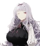  breasts curly_hair hair_intakes hairband highres hometa idolmaster idolmaster_(classic) large_breasts light_smile long_hair looking_at_viewer one_eye_closed red_eyes shijou_takane silver_hair simple_background solo white_background 