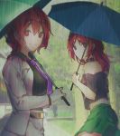  absurdres black_shirt clothes_writing commentary_request hecatia_lapislazuli highres holding holding_umbrella horikawa_raiko jacket long_sleeves multiple_girls necktie off-shoulder_shirt outdoors plaid plaid_shirt purple_neckwear rain red_eyes red_hair shirt shometsu-kei_no_teruru skirt touhou umbrella wet white_jacket white_skirt 