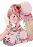  belt_collar blush breasts clothes_writing cropped_torso elu_(nijisanji) eyebrows_visible_through_hair fairy_wings flower from_side hair_flower hair_ornament hairband hand_on_own_chin heart highres i_heart... large_breasts long_hair nijisanji pointy_ears racchi. red_eyes shirt short_sleeves simple_background solo upper_body virtual_youtuber white_background white_shirt wings 