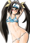  armpits arms_up bad_id bad_pixiv_id black_hair blush bow breasts groin hair_ribbon hasumi_eri jewelry kojou long_hair medium_breasts navel necklace panties panty_pull red_eyes ribbon shiny shiny_skin solo twintails underboob underwear vanguard_princess visor_cap yellow_bow 