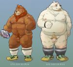  0duub0 2018 anthro balls bear belly black_nose blue_background blush brown_fur duo english_text eyewear flaccid fur glasses humanoid_hands male mammal moobs nipples overweight overweight_male penis polar_bear simple_background text white_fur 