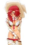  1girl bandaid blush breasts detached_sleeves eyepatch hat large_breasts lord_of_vermilion necktie open_mouth panties pants_pull panty_pull pink_eyes red_eyes red_hair underwear white_hat witch_hat yaga_yaga 