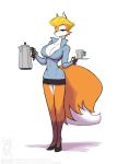  2018 anthro big_breasts blonde_hair blue_eyes breasts canine cleavage clothed clothing coffee_pot conditional_dnp cup female fox fur hair jollyjack mammal orange_fur persephone_(jollyjack) saucer simple_background solo white_background white_fur 