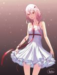  absurdres bare_shoulders breasts collarbone commentary_request cowboy_shot dress frilled_dress frills guilty_crown highres long_hair looking_at_viewer open_mouth pink_hair red_eyes relayrl signature skirt_hold small_breasts solo spaghetti_strap thighs twintails white_dress yuzuriha_inori 
