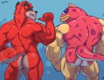  2018 anthro better_version_at_source big_muscles butt canine duo fish looking_at_viewer looking_back male mammal marine muscular muscular_male nude puyo_puyo rear_view reddyeen_suketoudara suketoudara wolf 