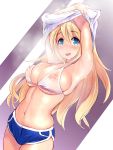  atago_(kantai_collection) blonde_hair blue_shorts breasts cowboy_shot green_eyes highres kantai_collection large_breasts long_hair looking_at_viewer navel nipples puffy_nipples purple_background see-through short_shorts shorts solo steam sweat two-tone_background undressing wa_(genryusui) white_background 