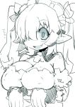  :d bare_shoulders breasts cleavage commentary detached_collar disgaea fang greyscale hair_over_one_eye highres large_breasts long_sleeves maid maid_(disgaea) makai_senki_disgaea_5 monochrome open_mouth pointy_ears smile solo twintails upper_body wide-eyed zankuro 