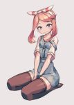  bangs between_legs blue_eyes bow brown_hair collarbone full_body hair_bow hair_ribbon hairband hand_between_legs haruka_(pokemon) orange_hair overall_shorts overalls pokemon pokemon_(game) pokemon_oras ribbon short_hair sitting smile suspenders suspenders_slip thighhighs 