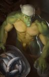  2018 abs anthro balls biceps chunie claws detailed_background digital_media_(artwork) flaccid hi_res humanoid_penis inside lizard looking_down male muscular muscular_male nude pecs penis reptile scalie solo standing uncut 