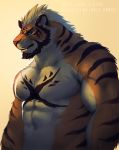  2016 abs anthro beard biceps big_muscles black_fur black_stripes blue_eyes countershading digital_media_(artwork) facial_hair feline fur hair half-length_portrait looking_aside looking_at_viewer male mammal multicolored_fur muscular muscular_male nude null-ghost_(character) orange_fur pecs portrait short_hair simple_background slit_pupils solo standing striped_fur stripes tiger white_countershading xuan_sirius 