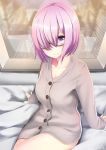  :d bed breasts building buttons cardigan city cleavage collared_shirt fate/grand_order fate_(series) glasses hair_over_one_eye highres indoors long_sleeves looking_at_viewer mash_kyrielight naked_coat nekobaka night open_mouth pink_eyes pink_hair shirt short_hair signature sitting skyscraper sleeves_past_wrists smile solo window wing_collar 