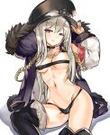  absurdres aiguillette arm_support armband bangs beltbra bikini black_bikini black_bikini_bottom black_legwear black_skirt blush breasts buckle cameltoe cleavage coat commentary_request eyebrows_visible_through_hair fur-trimmed_coat fur_trim girls_frontline gloves groin hair_between_eyes half_gloves hand_on_headwear hand_on_thigh hat heart highres iron_cross kar98k_(girls_frontline) korean_commentary leaning long_hair looking_at_viewer lowleg lowleg_panties medium_breasts navel panties parted_lips peaked_cap red_eyes sbac0019 simple_background sitting skindentation skirt smile solo stomach swimsuit thighhighs thighs underwear very_long_hair white_background white_hair 