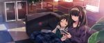  black_hair blanket blue_eyes blurry bokeh book checkered checkered_floor commentary_request couch depth_of_field hairband head_on_another's_shoulder highres holding holding_book idolmaster idolmaster_cinderella_girls indoors jewelry long_hair multiple_girls neck_ribbon necklace on_couch open_mouth plaid plaid_blanket plant potted_plant reading ribbon sagisawa_fumika sitting sleeping smile sunlight table tachibana_arisu teapot window yuuki_tatsuya 