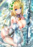  aestus_estus ahoge barefoot belt blonde_hair blue_eyes breasts bridal_veil center_opening cleavage commentary_request detached_sleeves fate/extra fate/extra_ccc fate/grand_order fate_(series) full-length_zipper gorget hair_intakes head_wreath highres large_breasts leotard lock long_sleeves looking_at_viewer loose_belt md5_mismatch medium_hair nero_claudius_(bride)_(fate) nero_claudius_(fate)_(all) ogata_tei padlock partially_submerged planted_sword planted_weapon puffy_long_sleeves puffy_sleeves showgirl_skirt smile solo strapless strapless_leotard sword veil weapon wet white_leotard white_sleeves zipper zipper_pull_tab 