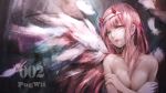  bangs blush breasts darling_in_the_franxx green_eyes hair_in_mouth hairband highres horns lao_bai long_hair looking_at_viewer nude oni_horns pink_hair red_horns solo wings zero_two_(darling_in_the_franxx) 