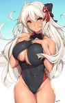  bare_shoulders black_swimsuit blue_background breasts cleavage fate/grand_order fate_(series) highres hips long_hair okita_souji_(alter)_(fate) okita_souji_(fate)_(all) signature solo sweat swimsuit thighs tony_guisado underboob white_hair yellow_eyes 