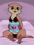  bed blush bra breasts claws clothed clothed_feral clothing disney female feral green_eyes lingerie mammal markings mrs._otterton mustelid nohhh_thank_you on_bed open_mouth otter panties pillow semi_feral sitting small_breasts smile socks_(marking) solo underwear whiskers yes_pillow zootopia 
