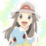  :d bare_shoulders blue_(pokemon) blush brown_eyes brown_hair commentary_request gen_1_pokemon hat kanade_(10_ko_nama) long_hair looking_at_viewer no_nose open_mouth pokemon pokemon_(creature) pokemon_(game) pokemon_frlg smile squirtle super_smash_bros. super_smash_bros._ultimate upper_body white_hat 