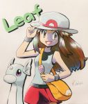  :d adjusting_headwear bag blue_(pokemon) breasts brown_hair character_name cowboy_shot dratini gen_1_pokemon hand_up handbag hat highres kairi_(crystal_hakuryu) long_hair medium_breasts miniskirt open_mouth pokemon pokemon_(creature) pokemon_(game) pokemon_frlg red_skirt sidelocks signature skirt smile straight_hair tank_top traditional_clothes traditional_media vs_seeker white_background white_hat wristband yellow_eyes 