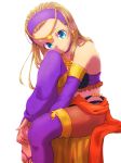  arabian_clothes bare_shoulders blonde_hair blue_eyes bridal_gauntlets brown_legwear choker circlet closed_mouth collarbone dragon_quest dragon_quest_xi earrings eyelashes hair_slicked_back hairband highres jewelry leggings long_hair looking_at_viewer moyamu pantyhose purple_choker purple_hairband purple_legwear sandals senya_(dq11) simple_background sitting smile solo straight_hair white_background 